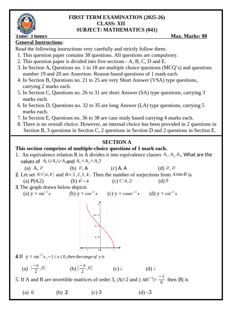 Class XII Mathematics Exam Paper 2025-26 | PDF | Matrix (Mathematics ...