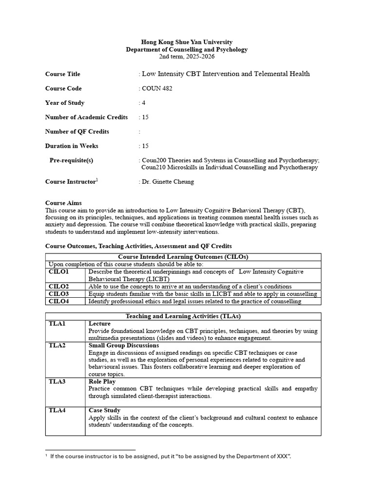 COUN482 Sample | PDF | Cognitive Behavioral Therapy | Psychotherapy
