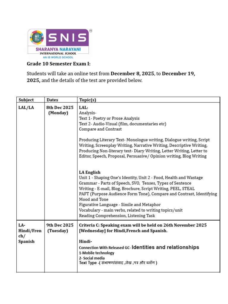 Grade 10 Semester Exam Schedule 2025 | PDF | Force | Physics