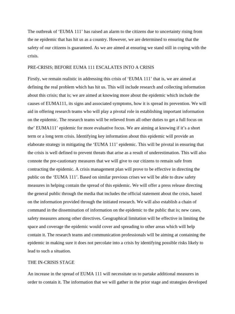 EUMA 111 Epidemic Response Plan | PDF | Epidemics