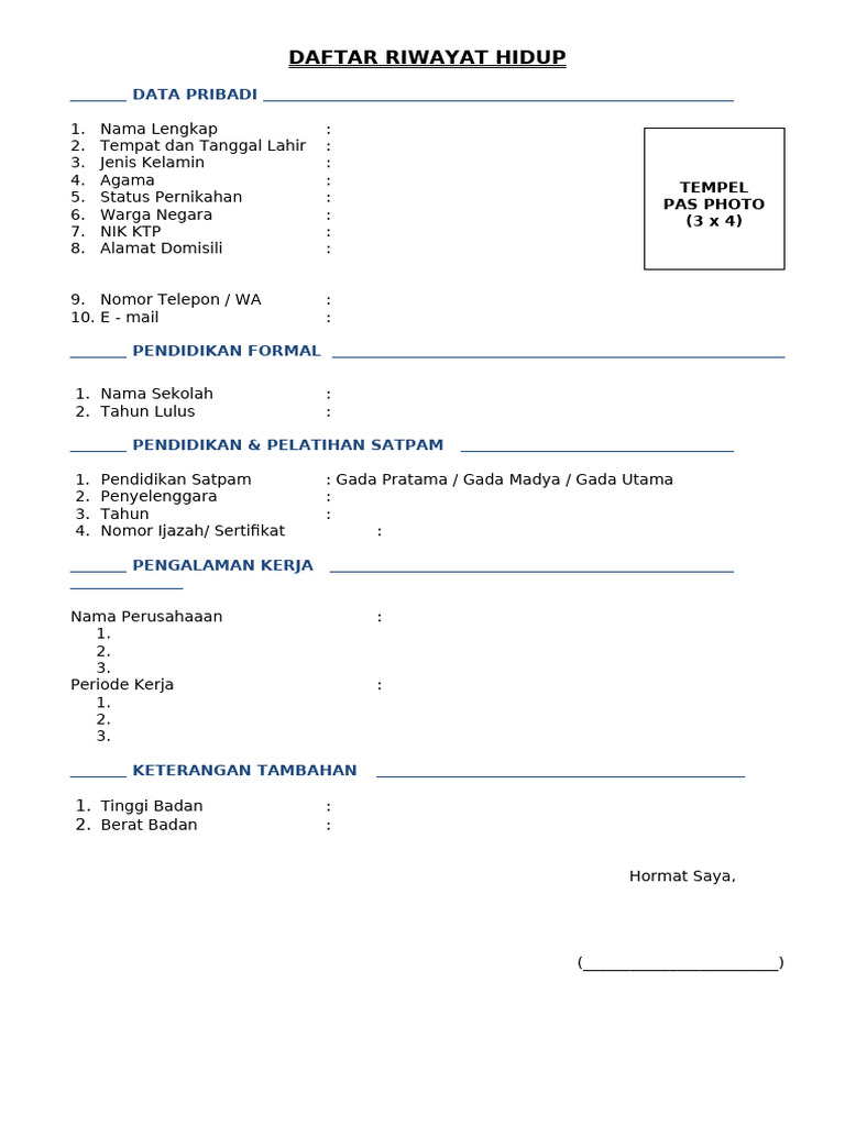 Contoh Daftar Riwayat Hidup Lengkap | PDF