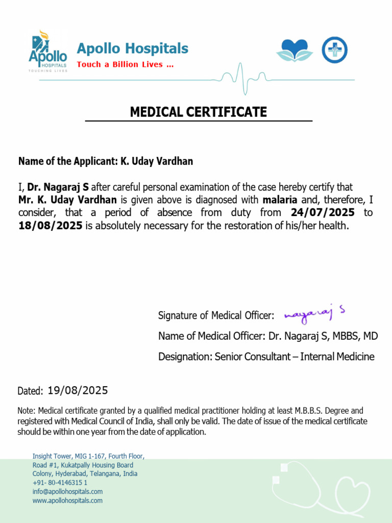 Medical Certificate for Malaria Diagnosis | PDF