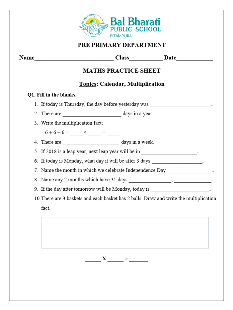 Pre-Primary Maths Practice Sheet | PDF