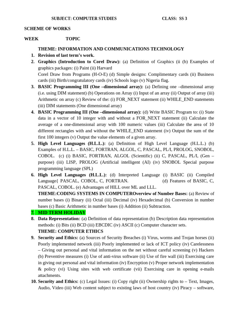 Computer Studies Scheme of Work SS3 | PDF | Graphics | Computer Science