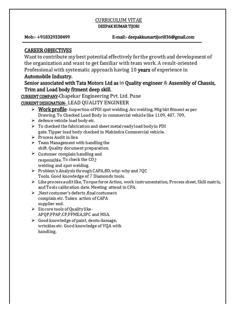 Deepak Kumar Tijori CV - Quality Engineer | PDF | Production And ...