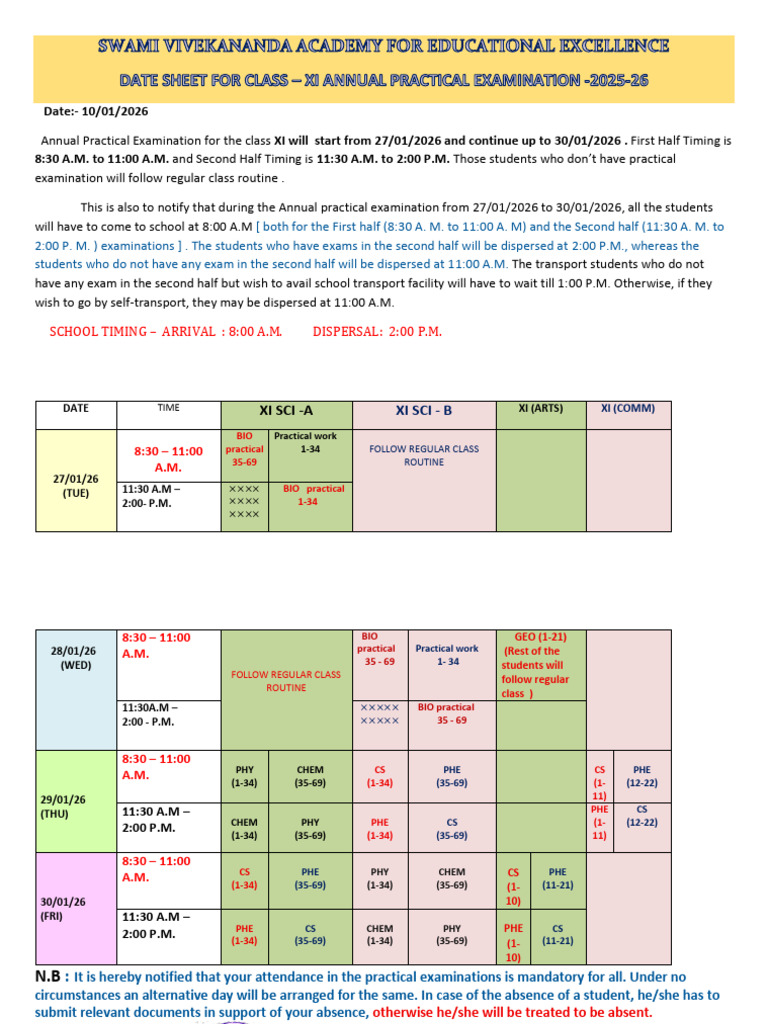 Class-11 Date Sheet For Annual Practical Exam 2025-26 | PDF