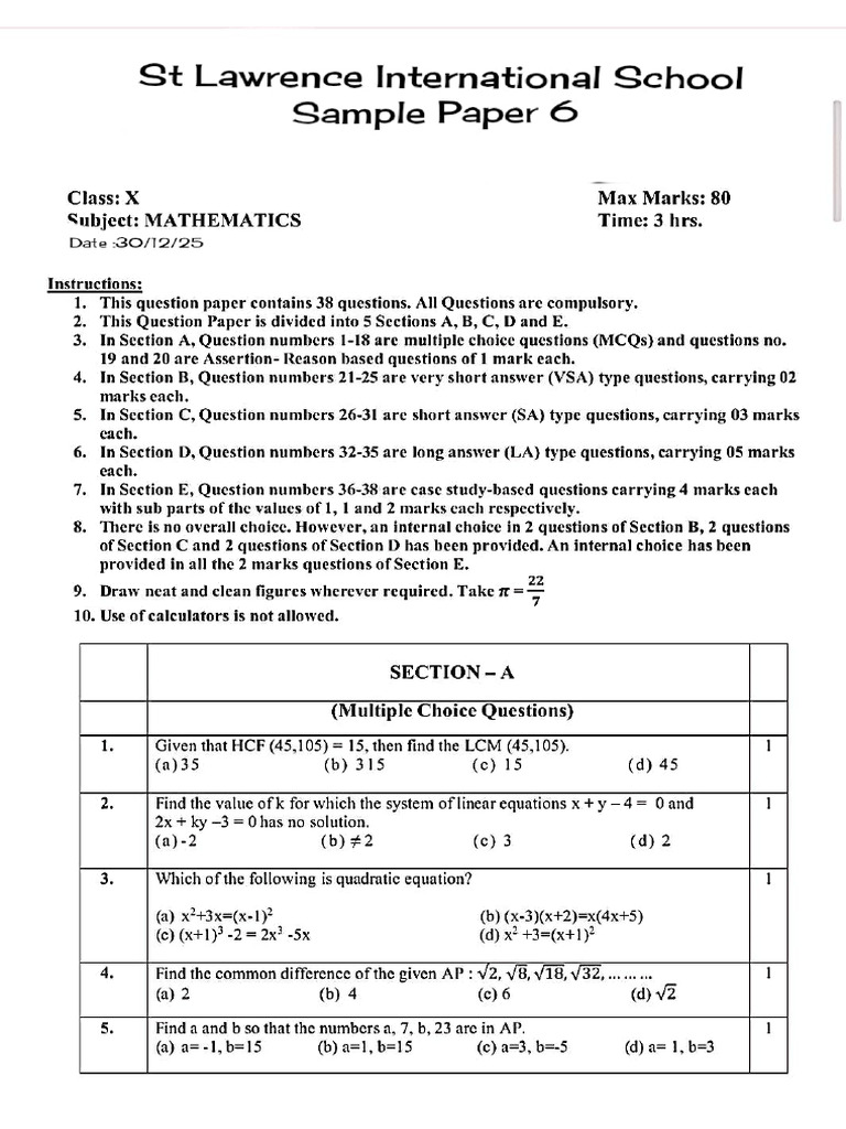 Sample Paper 6 Grade X | PDF
