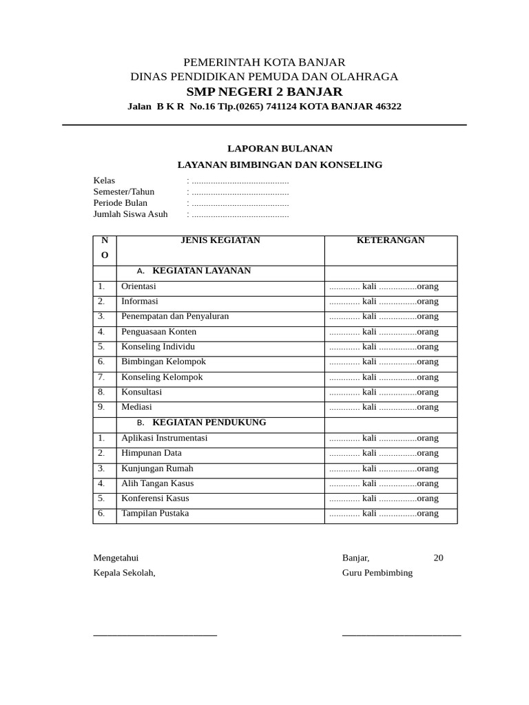 Laporan Bulanan Bimbingan Konseling SMP | PDF