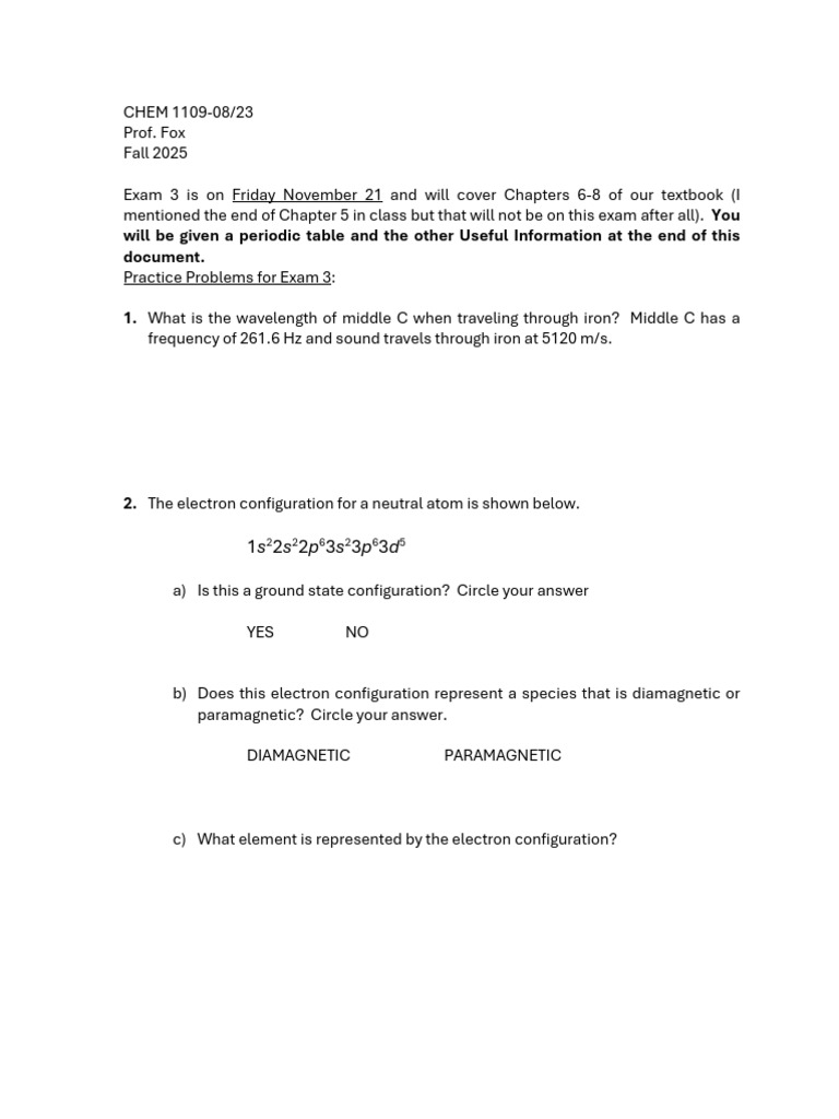 Exam 3 Study Guide for CHEM 1109 | PDF | Electron Configuration ...