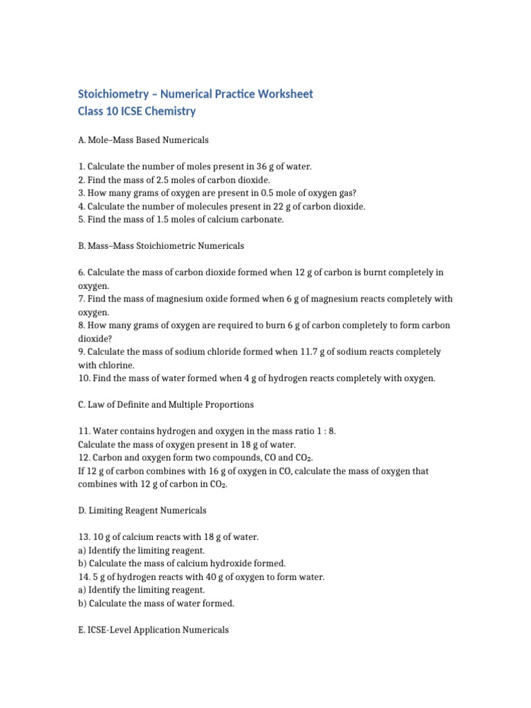 Stoichiometry Practice Worksheet for ICSE | PDF