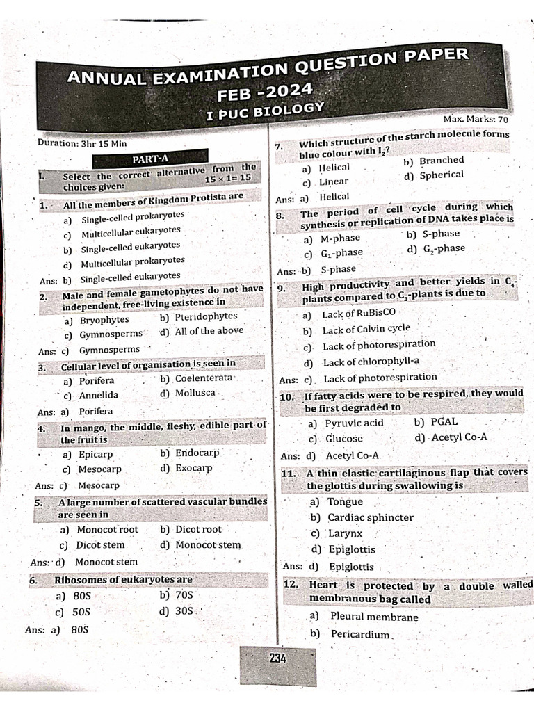 2024 Biology Annual Questions Paper With Answer | PDF