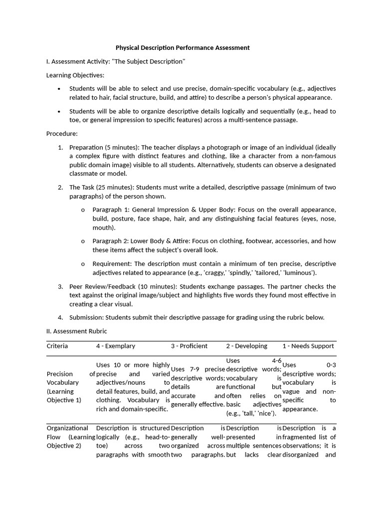 Physical Appearance Description Assessment | PDF | Subject (Grammar ...