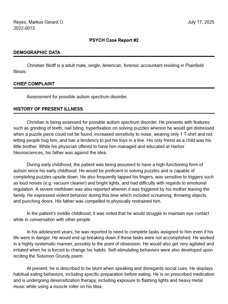 PSYCH_Case Report2_Reyes, Markus Gerard O. | PDF | Autism | Mental Disorder