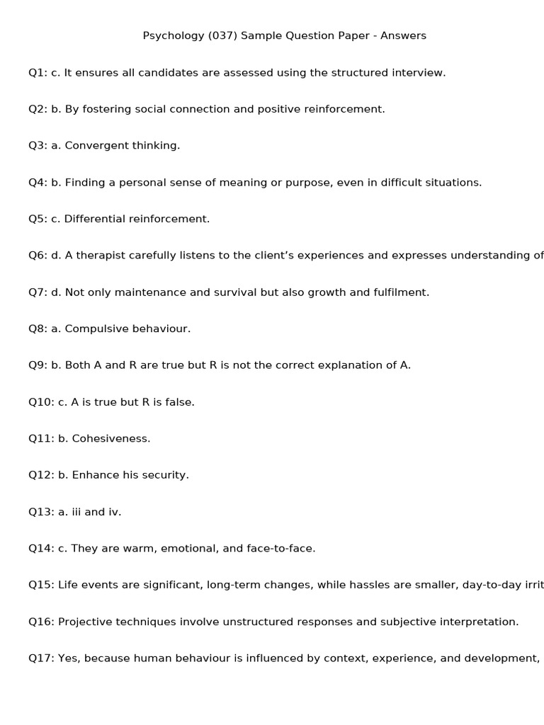 Psychology Sample Question Paper Answers | PDF | Intelligence | Anxiety