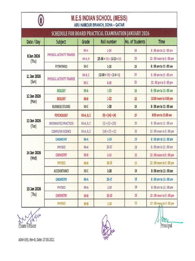 Practical Exam Schedule Jan 2026 | PDF