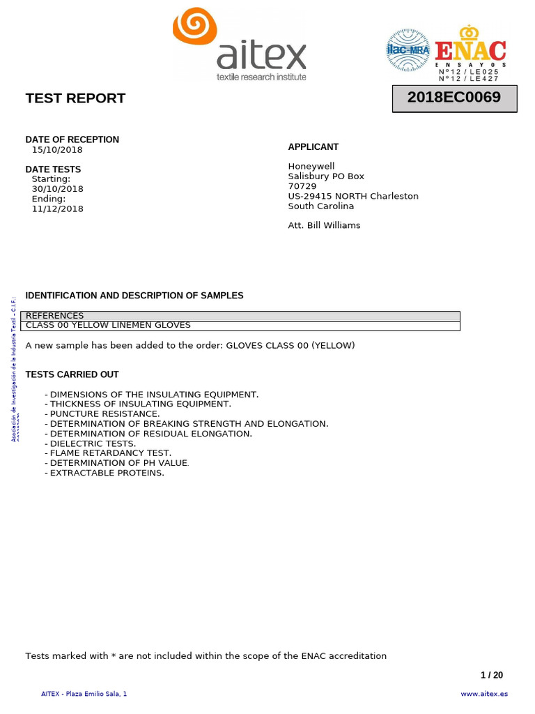 Honeywell Class 00 Gloves Test Report | PDF | Humidity | Fracture