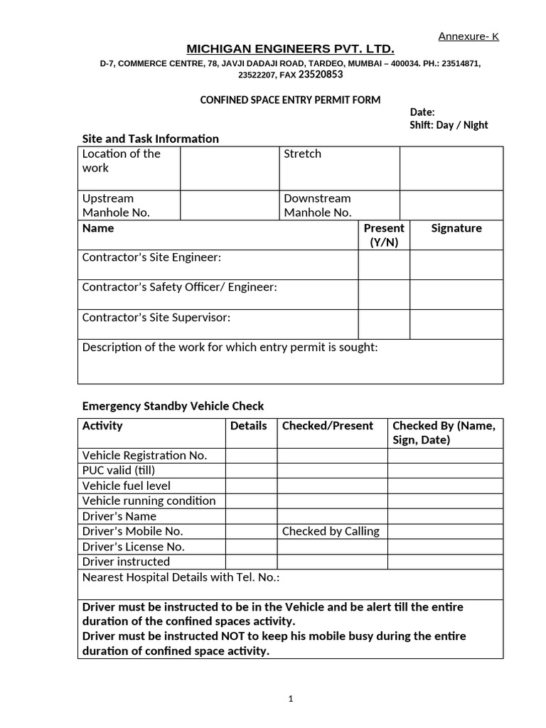 Confined Space Entry Permit Form | PDF | Personal Protective Equipment ...