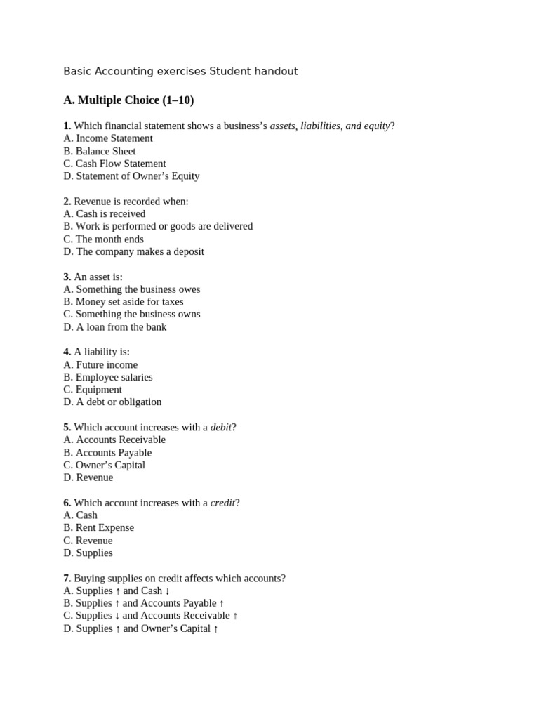 Basic Accounting Exercises Student Handout | PDF