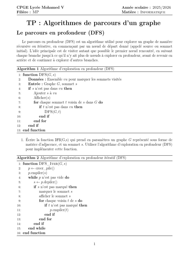 Algorithmes de parcours de graphes en TP | PDF | Théorie des graphes ...