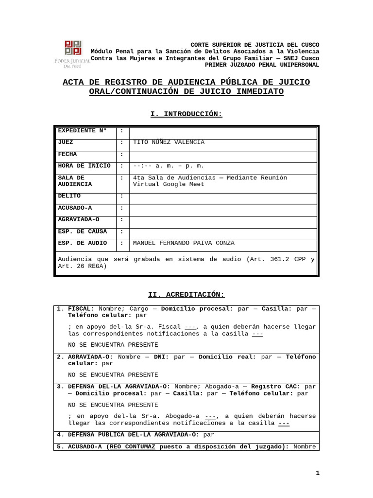 Audiencia de Juicio por Violencia Familiar | PDF | Testigo | Sentencia ...