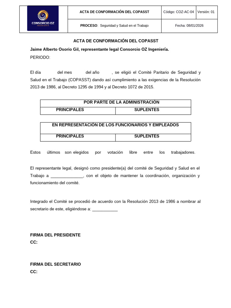 Acta de Conformación del COPASST | PDF