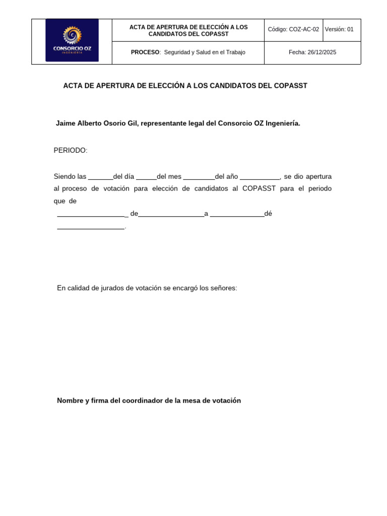 3 Acta de Apertura a Elección Del COPASST | PDF