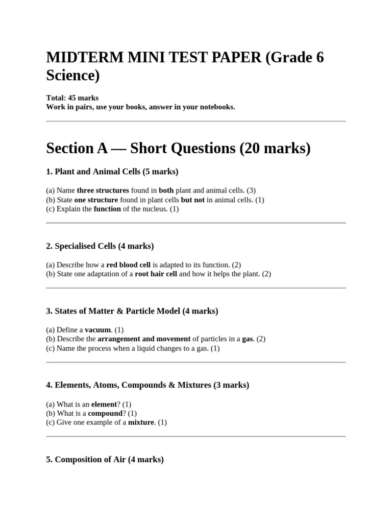 Grade 6 Science Midterm Test Paper | PDF