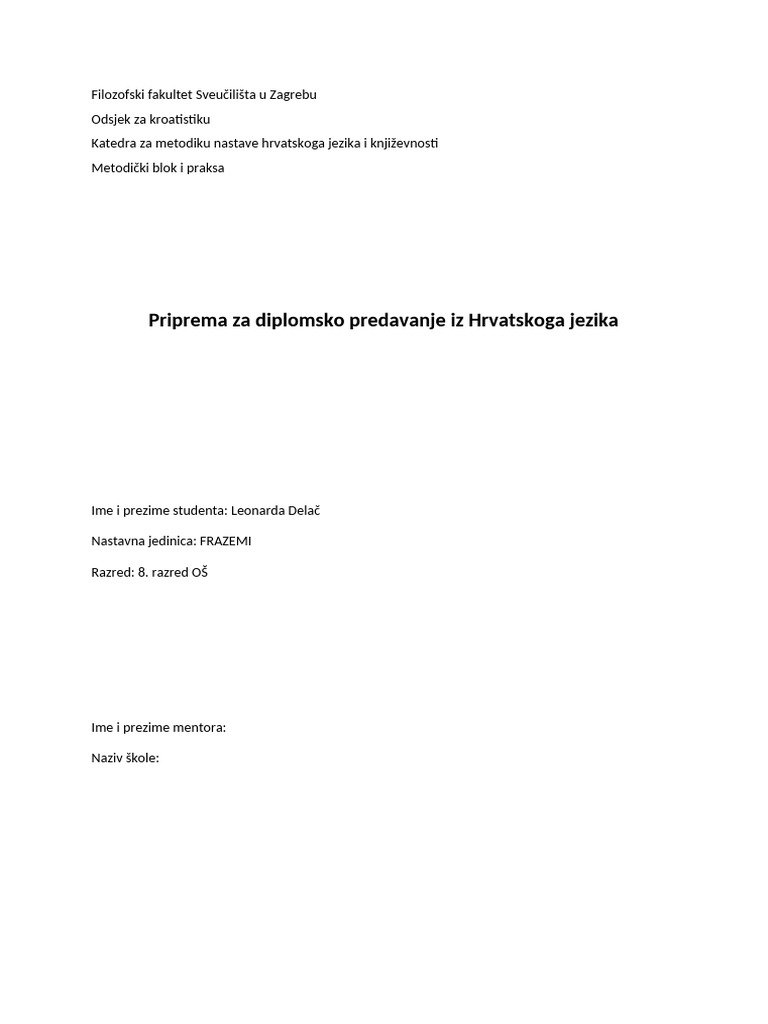 Priprema Za Diplomsko Predavanje Iz Hrvatskoga Jezika | PDF