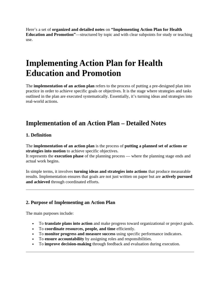Action Plan for Health Education Implementation | PDF | Health ...