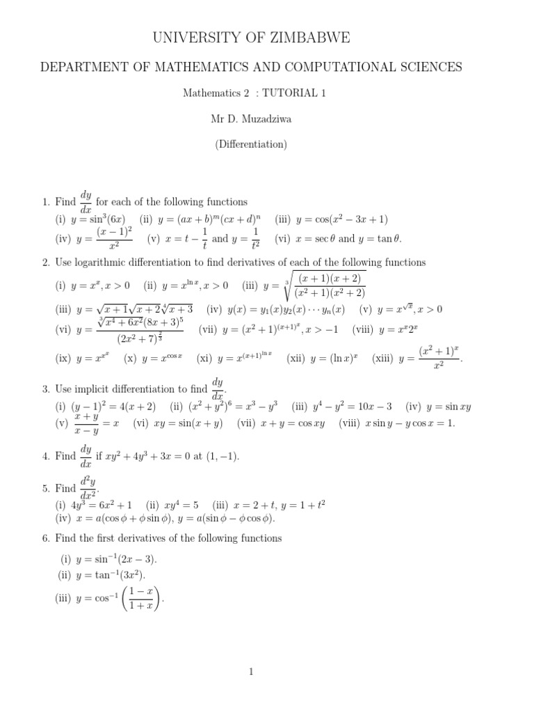 Differentiation Tutorial Exercises | PDF | Mathematics | Mathematical ...