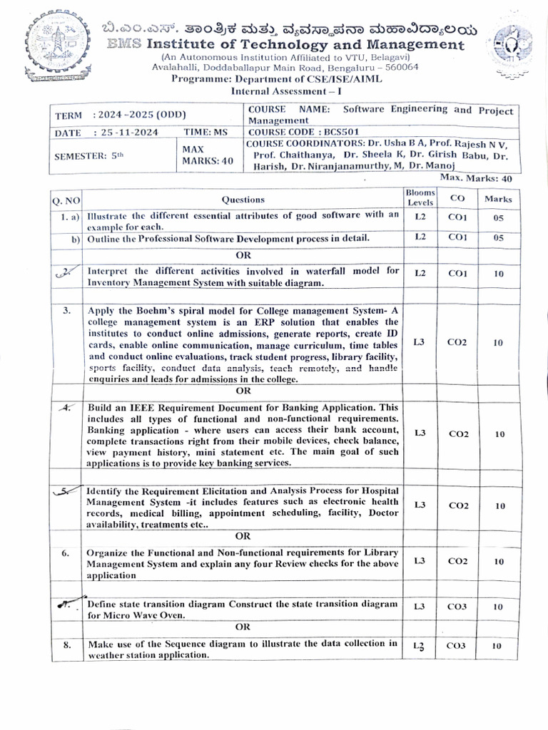 Software Engineering Internal Assessment 2024 | PDF | Principal ...