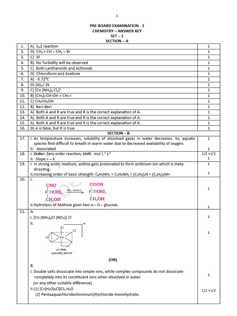 Pre Board 1 Set 1 Answer Key | PDF | Ion | Electrolyte