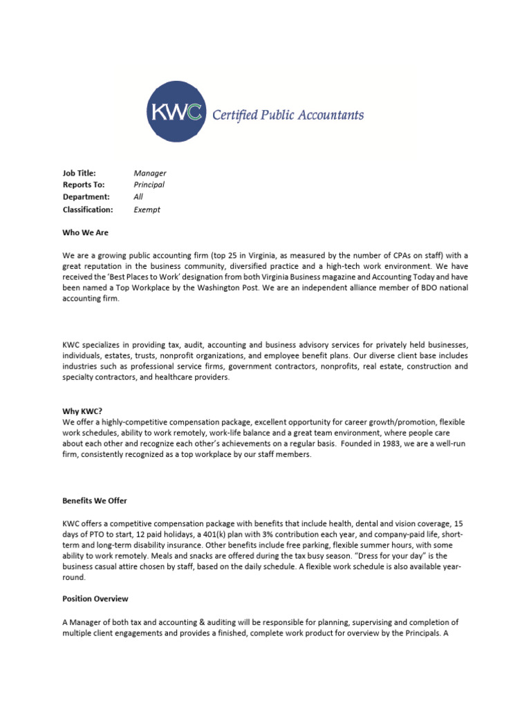 Manager Position at KWC Accounting Firm | PDF | Employment | Nonprofit ...