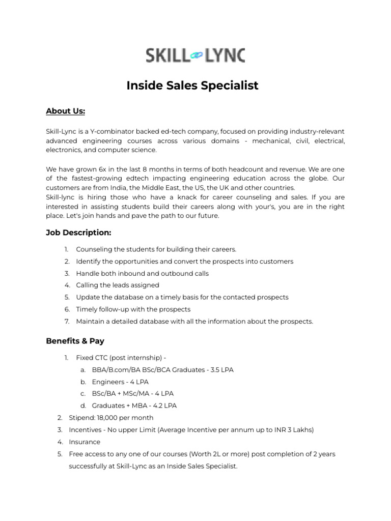 JD_Inside Sales Specialist-Intern | PDF