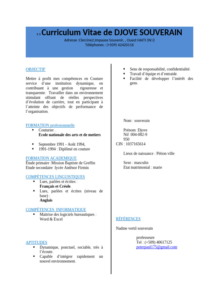 CV de Djove Souverain - Couturier Haïtien | PDF