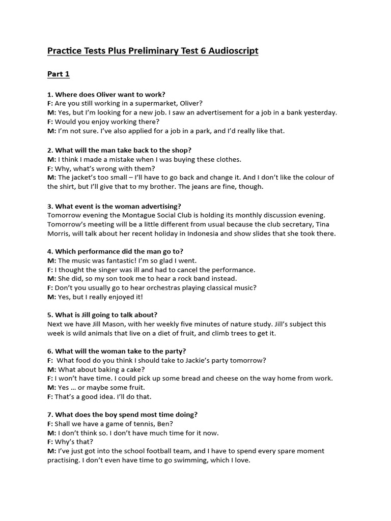 Practice Tests Plus Preliminary Audio Scripts | PDF | Waiting Staff