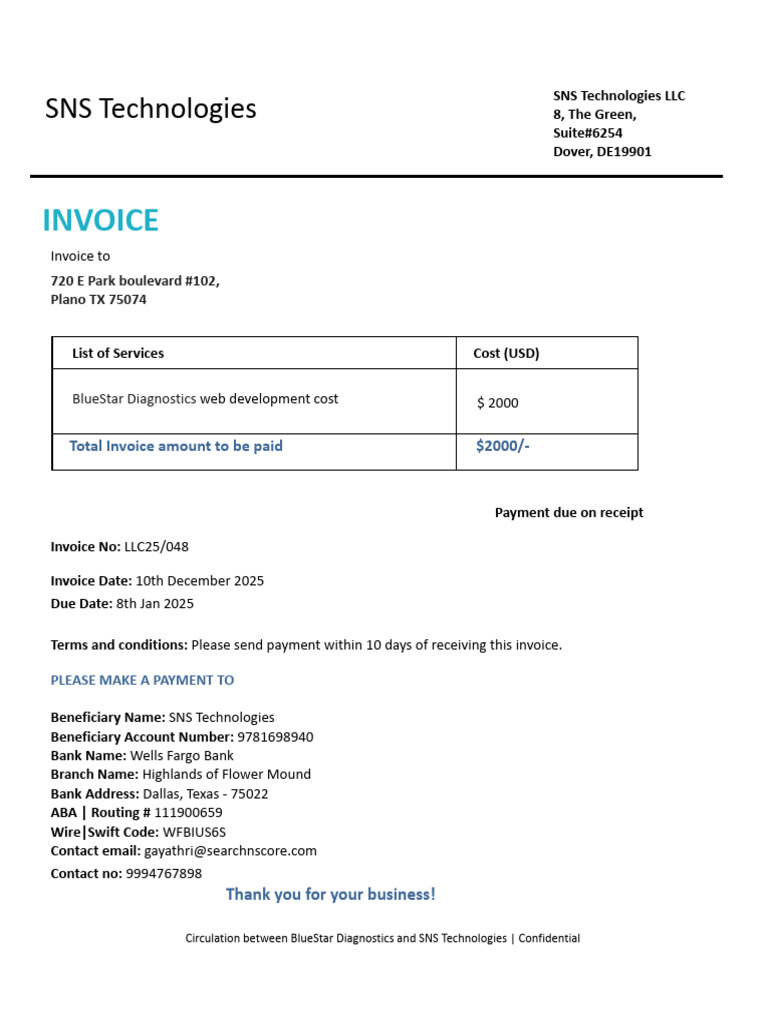 SNS Technologies Invoice for Services | PDF