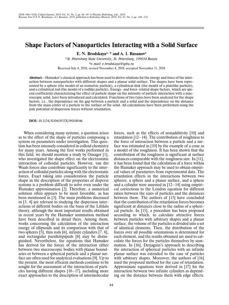 Nanoparticle Shape Factors and Interactions | PDF | Sphere | Force