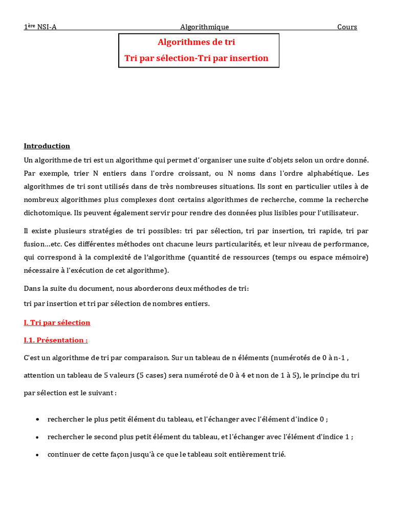 Algorithmes de tri : sélection et insertion | PDF | Mathématiques ...