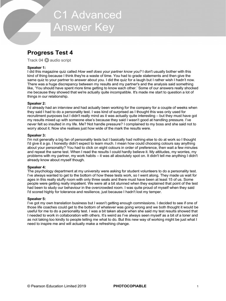 C1 Advanced Progress Test 4 Answer Key | PDF
