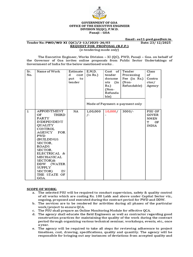 Goa PWD Quality Control Agency RFP | PDF | Specification (Technical ...