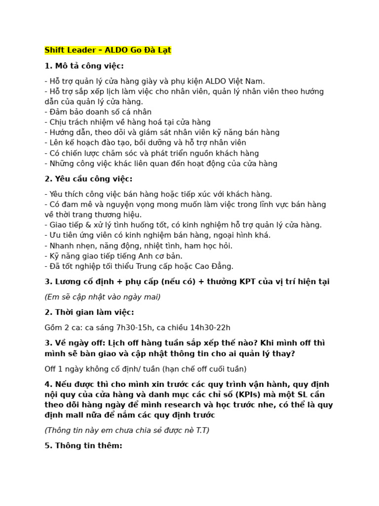 Shift Leader - Aldo Go Da Lat | PDF
