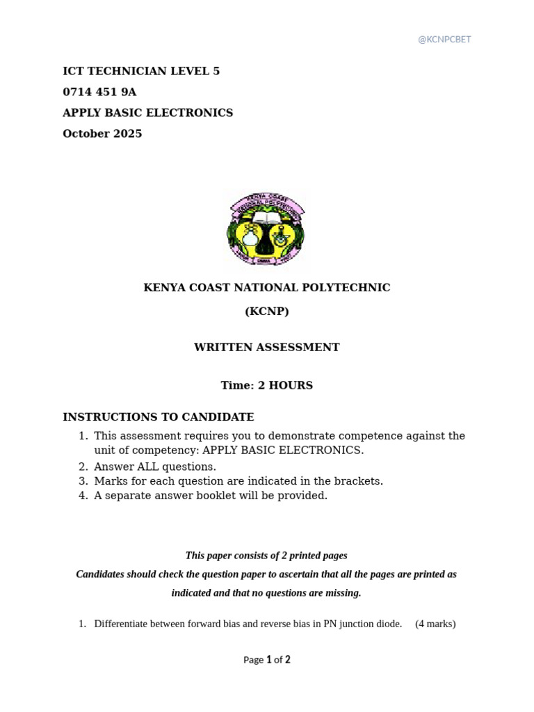 ICT Technician Level 5 Electronics Assessment | PDF | P–N Junction ...