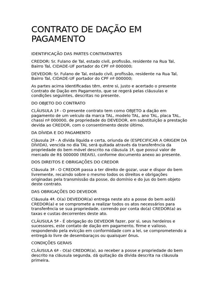 Contrato de Dação Em Pagamento | PDF | Crédito | Finanças e ...