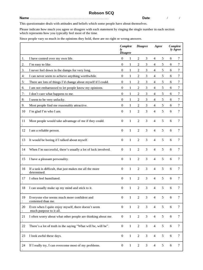 Robson Self-Concept Questionnaire | PDF | Social Psychology ...