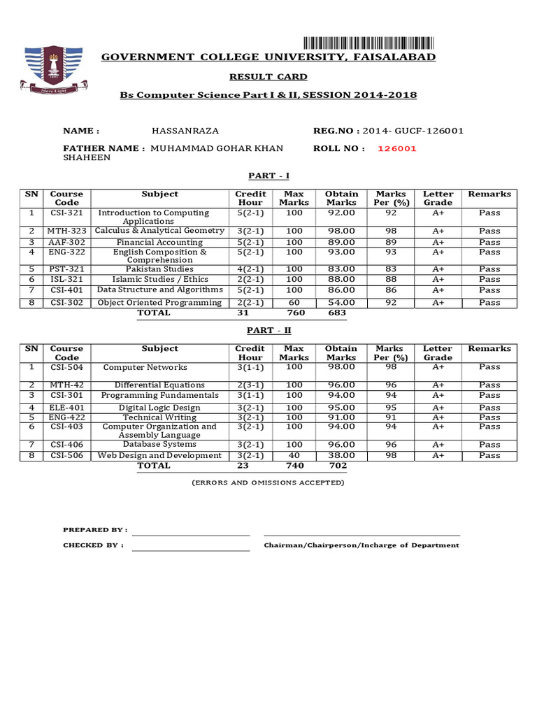 GCU Result Card Bscs | PDF | Computer Programming | Computing