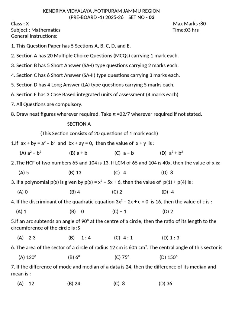 Class X Mathematics Pre-Board Paper 2025-26 | PDF | Circle | Angle