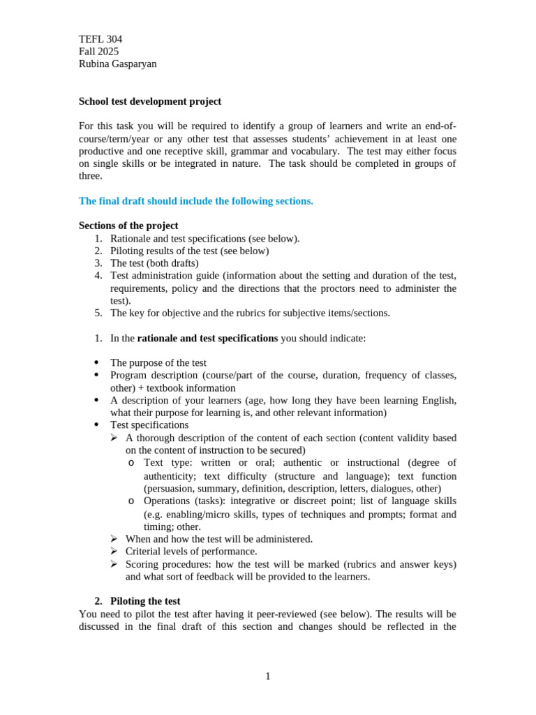 TEFL 304 Test Development Project | PDF | Peer Review | Learning