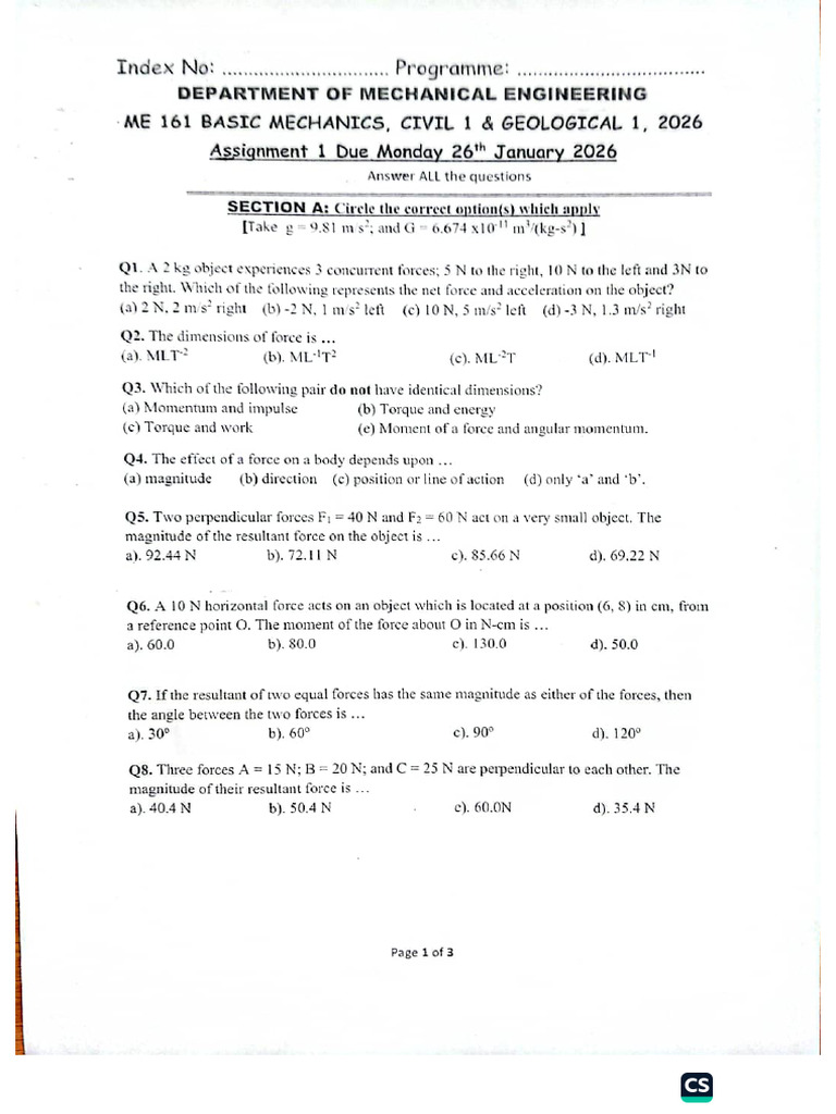 Basic Mechanics Assignment 1 | PDF