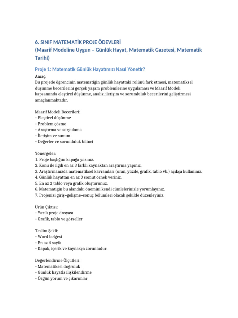 6 Sinif Maarif Modeli Matematik Proje Odevleri | PDF